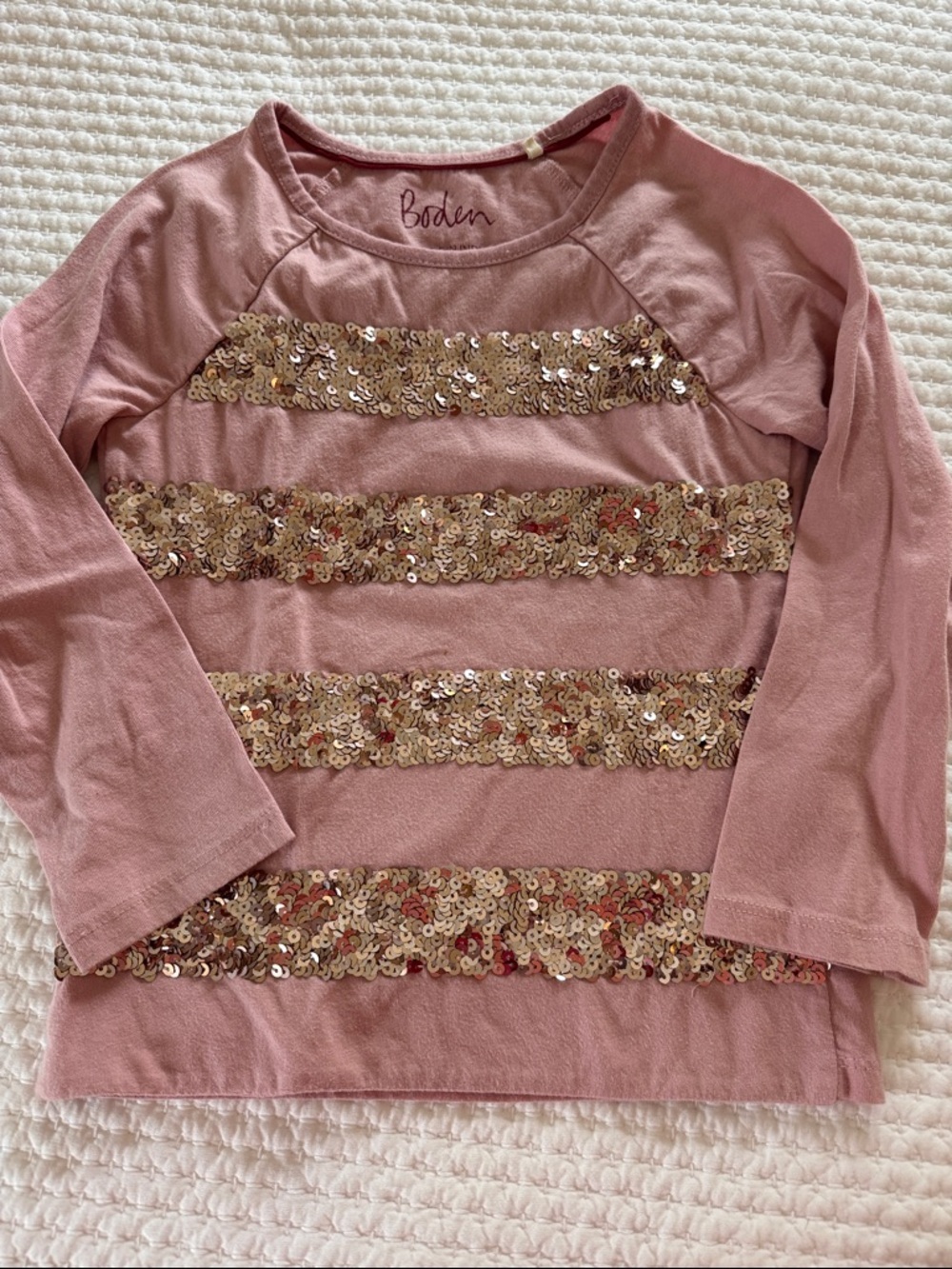 Mini Boden Dusty Pink Long-Sleeve Tee with Gold Sequin Stripes, size 4-5Y